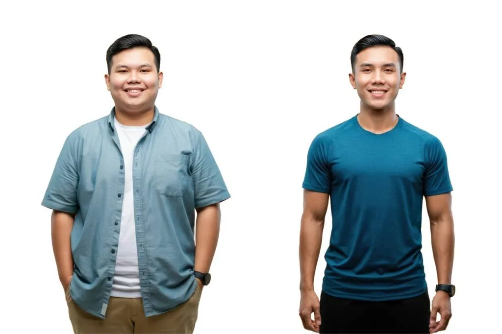 Two side-by-side portraits of the same man wearing different outfits against a white background