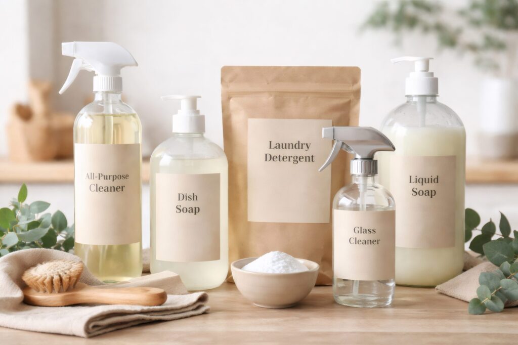 Five labeled natural cleaning products — all-purpose cleaner, dish soap, laundry detergent, glass cleaner, and liquid soap — arranged on a wooden surface with eucalyptus sprigs, a scrub brush, linen cloth, and a small bowl of white powder.