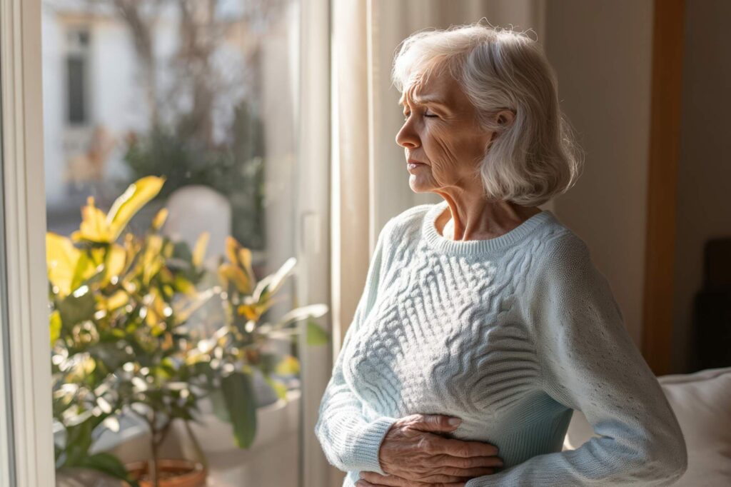Older woman with gray hair wearing a light blue sweater looking out a window with a potted plant nearby