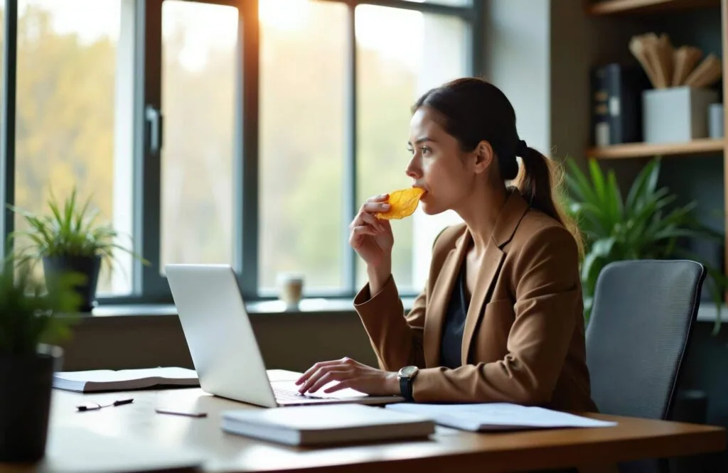 Woman at desk eating a potato chip while working on laptop in modern office with plants and windows